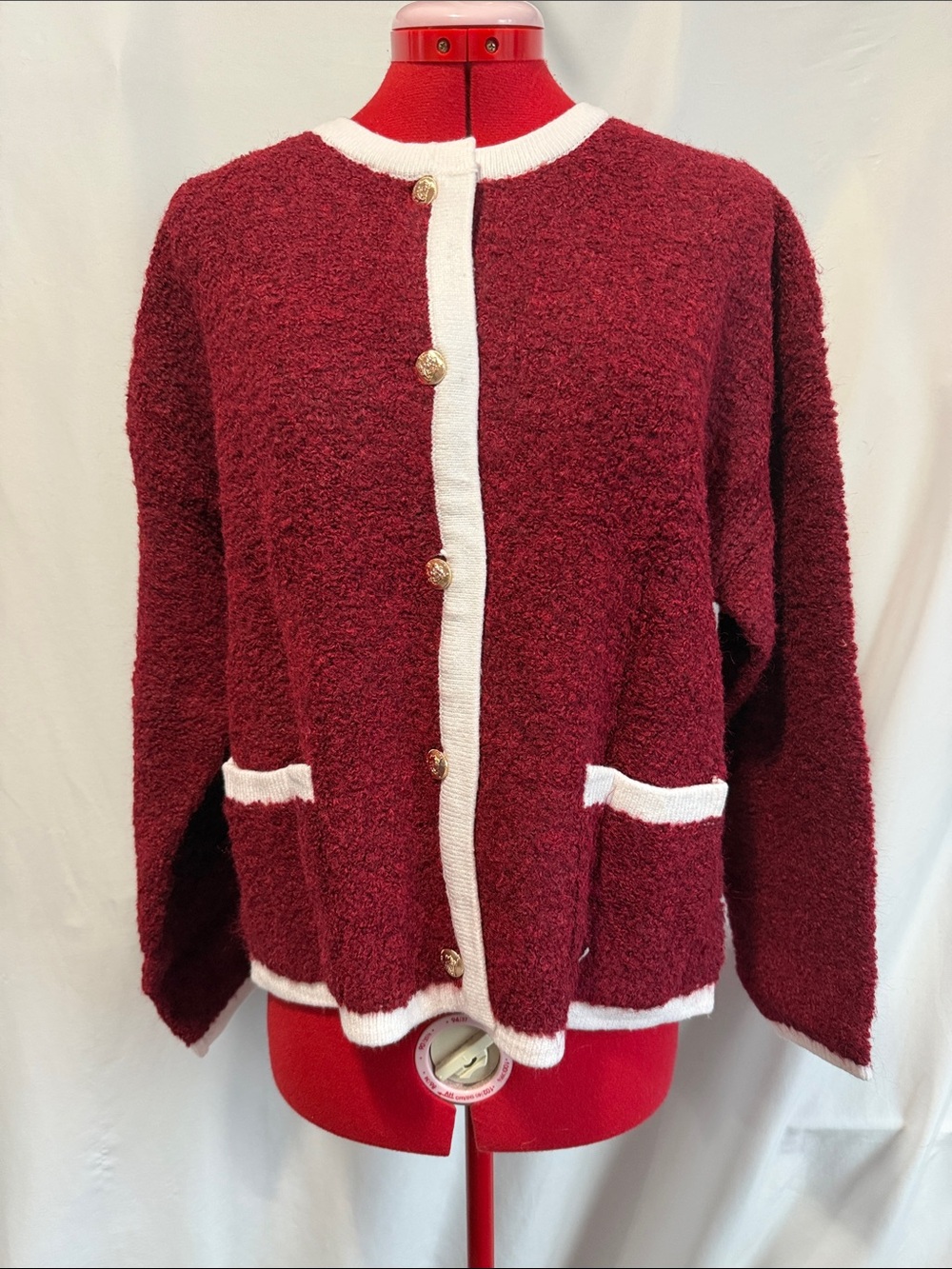 Classic Bouclé Button-Front Cardigan Jacket - Burgundy & White